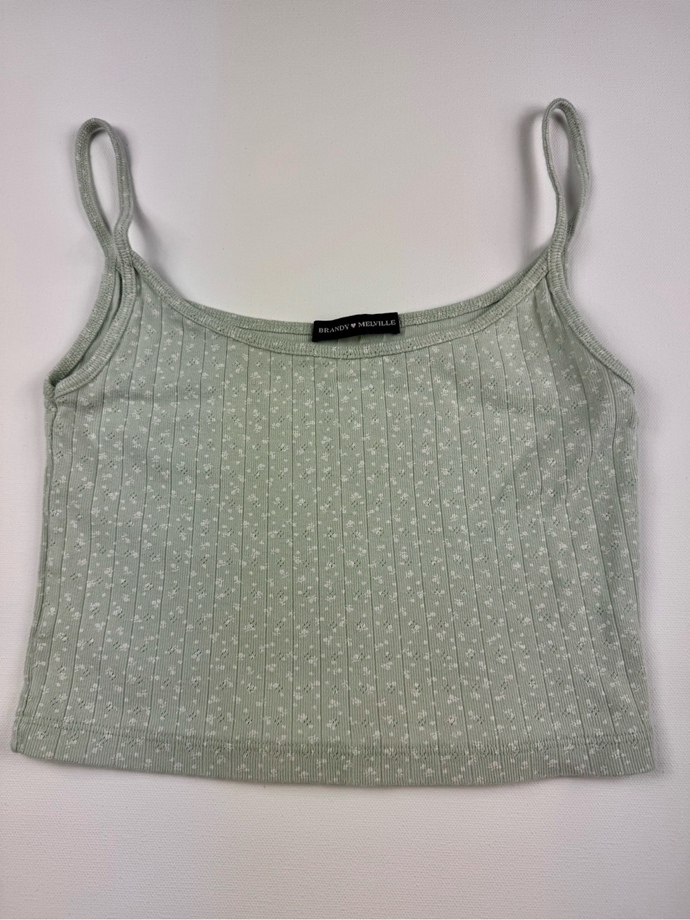 Brandy Melville Sage Green Ribbed Spaghetti Strap Tank Floral Crop Top Baby Tee